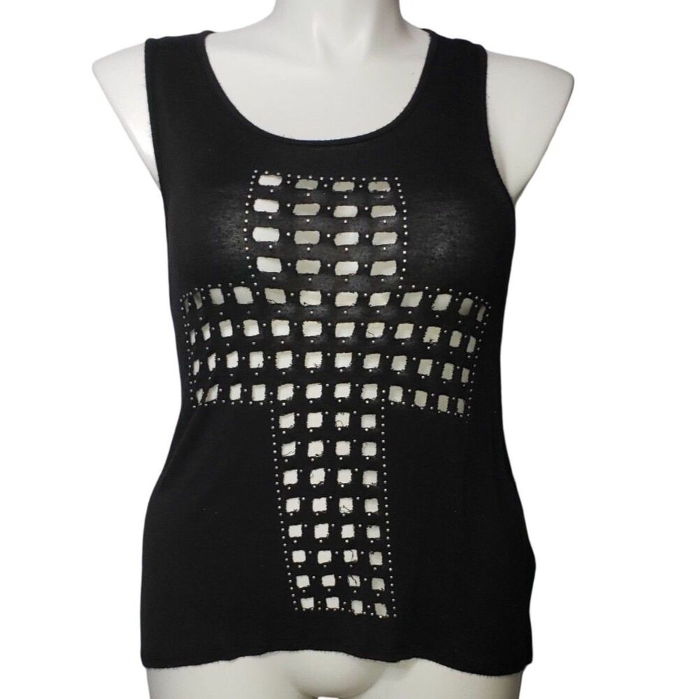 GINGER G Black Sleeveless Tank Lazer Cut Cross Knit Top Retro 80's Size Medium